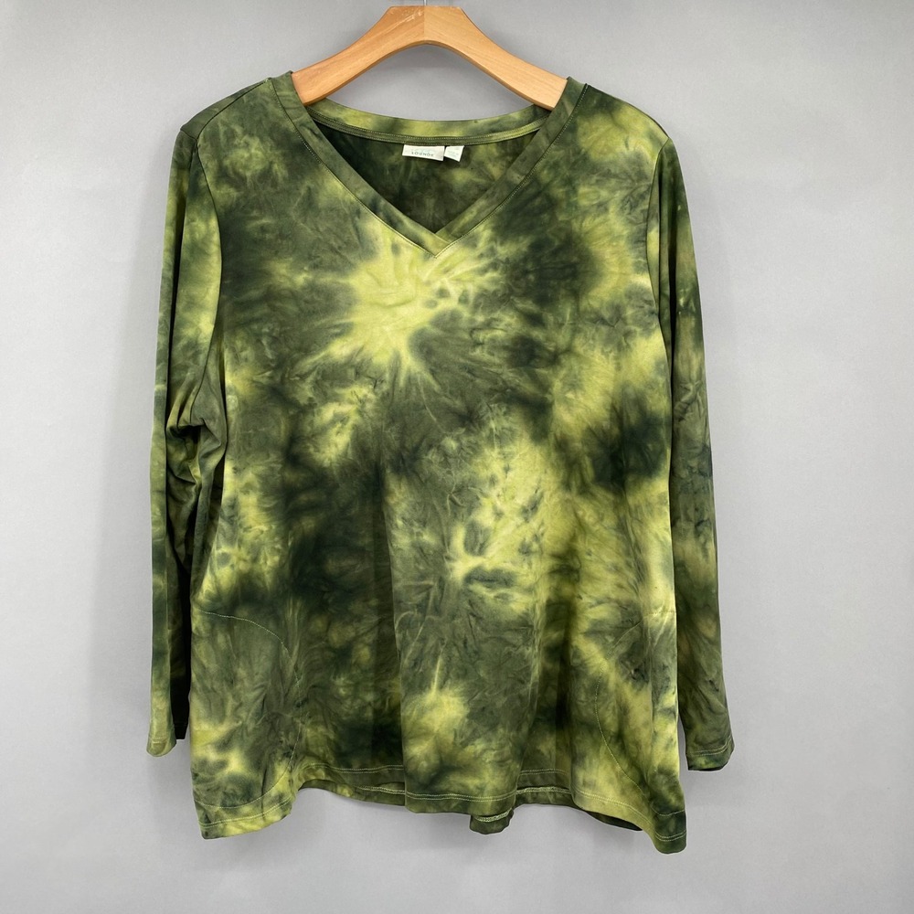 LOGO Lounge Top Women 2X Green Tie Dye V-Neck Long Sleeve Pockets Lori Goldstein
